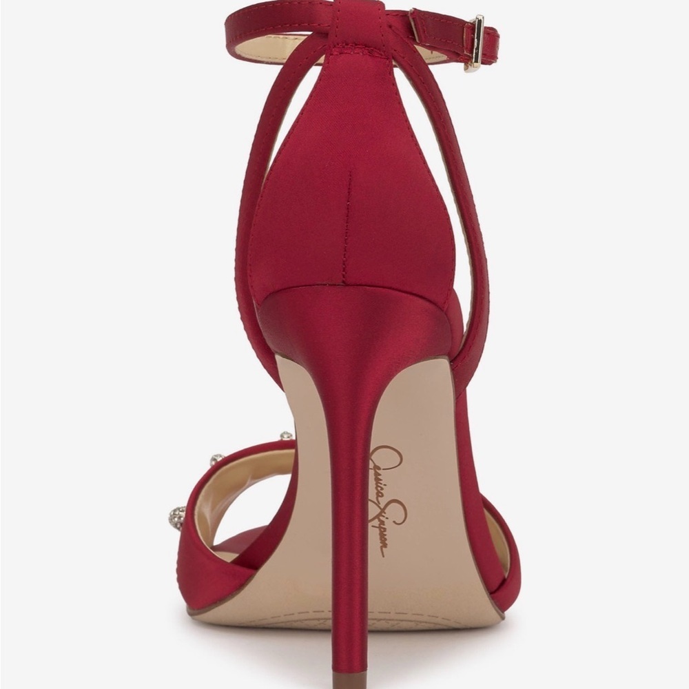 Jessica Simpson Red Satin Rhinestone-Embellished Ankle-Strap Stiletto 7.5 - Picture 2 of 10